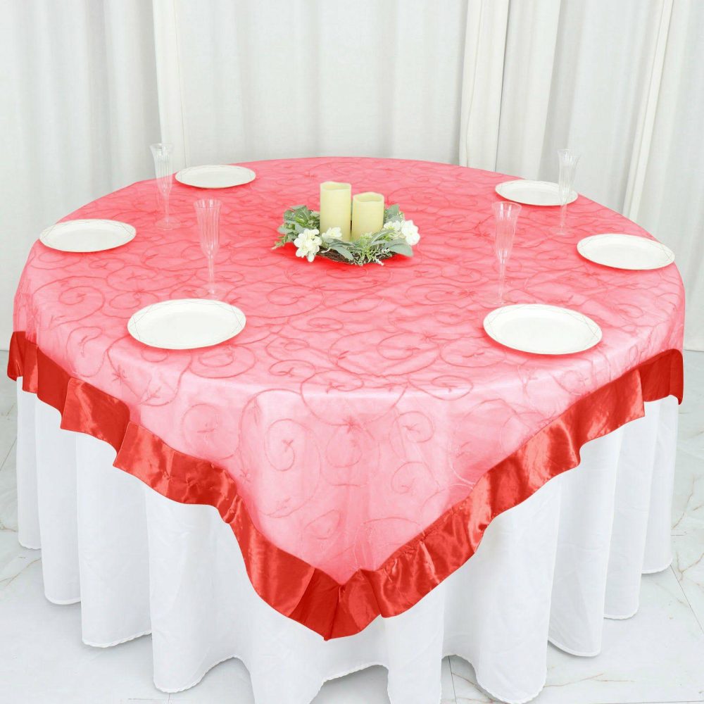 Red Embroidered Sheer Organza Square Table Overlay With Satin Edge 72″x72″  |   Sheer Organza Sheer Organza Red