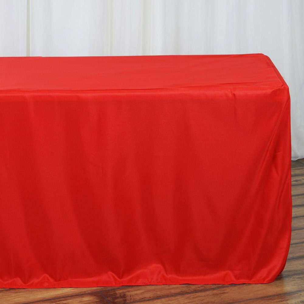 Red Fitted Polyester Rectangle Tablecloth 8ft Table Cover For 96″x30″ Tables  |   Spandex & Fitted Spandex & Fitted Red