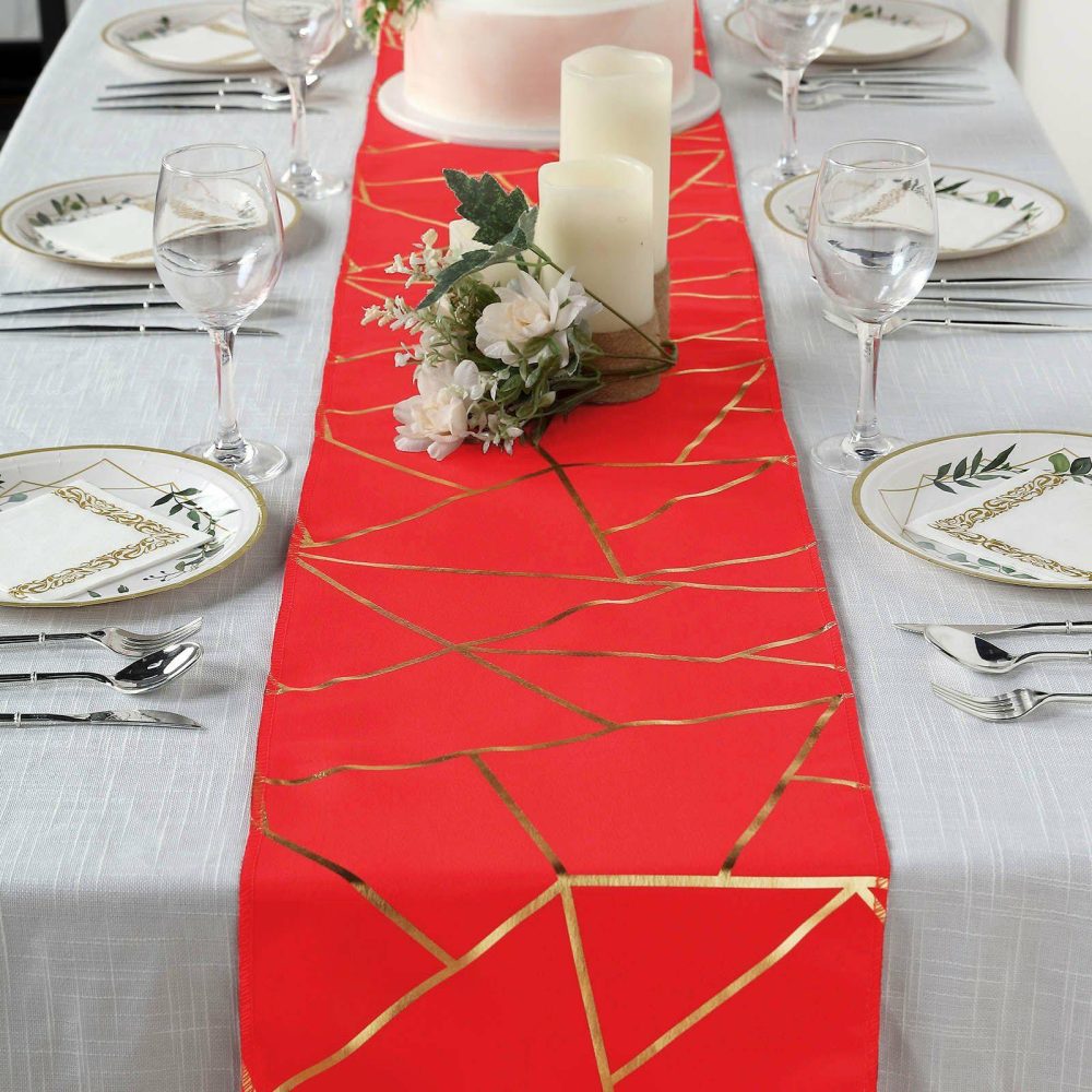 Red / Gold Foil Geometric Pattern Polyester Table Runner 9ft  |   Polyester Polyester Polyester