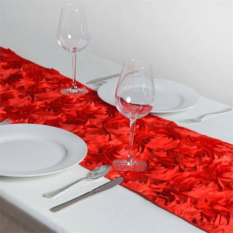 Red Grandiose Rosette Satin Table Runner 14″x108″  |   Satin & Taffeta Satin & Taffeta Red