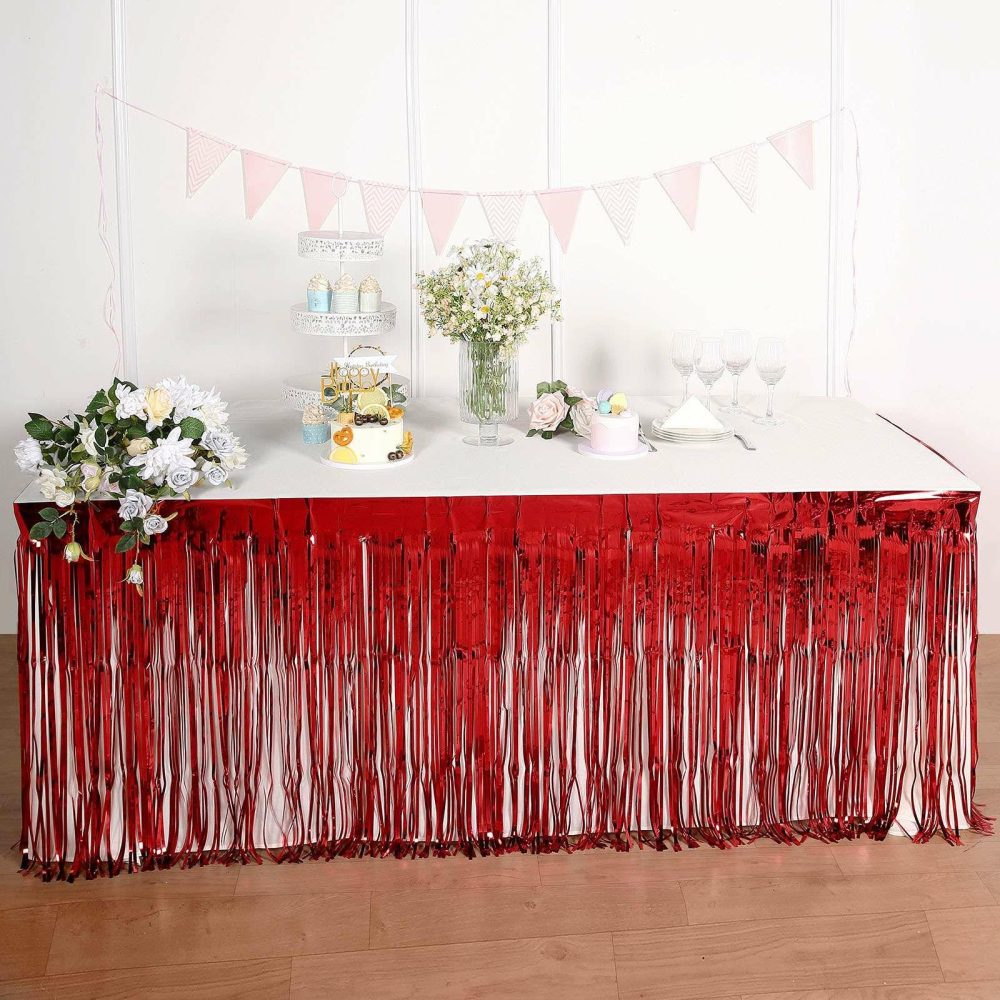 Red Metallic Foil Fringe Table Skirt, Self Adhesive Tinsel Table Skirt 30″x9ft  |   Disposable Tablecloth Disposable Tablecloth Disposable Tablecloth