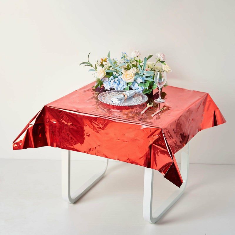 Red Metallic Foil Square Tablecloth, Disposable Table Cover 50″x50″  |   Disposable Tablecloth Disposable Tablecloth Disposable Tablecloth