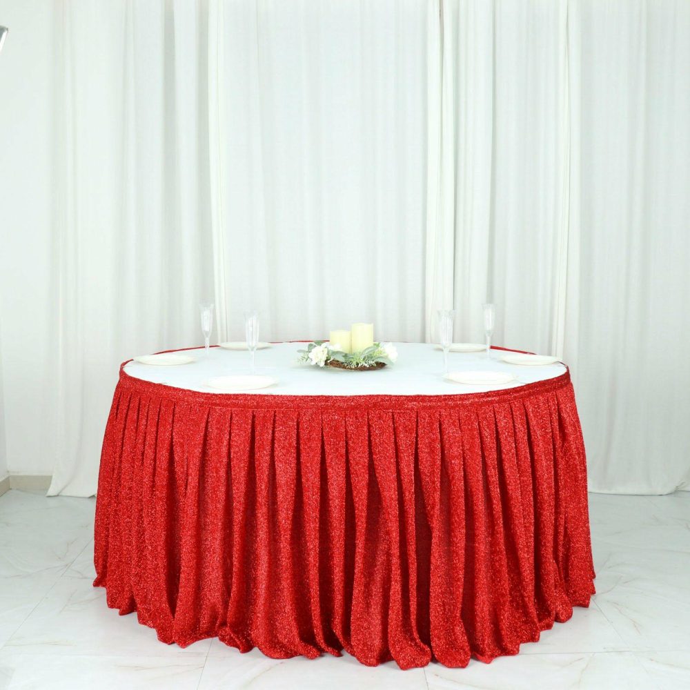 Red Metallic Shimmer Tinsel Spandex Pleated Table Skirt with Top Velcro Strip 17ft  |   Satin Shimmer Satin Shimmer Red