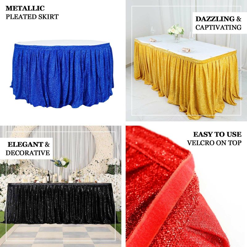 Red Metallic Shimmer Tinsel Spandex Pleated Table Skirt with Top Velcro Strip 17ft  |   Satin Shimmer Satin Shimmer Red