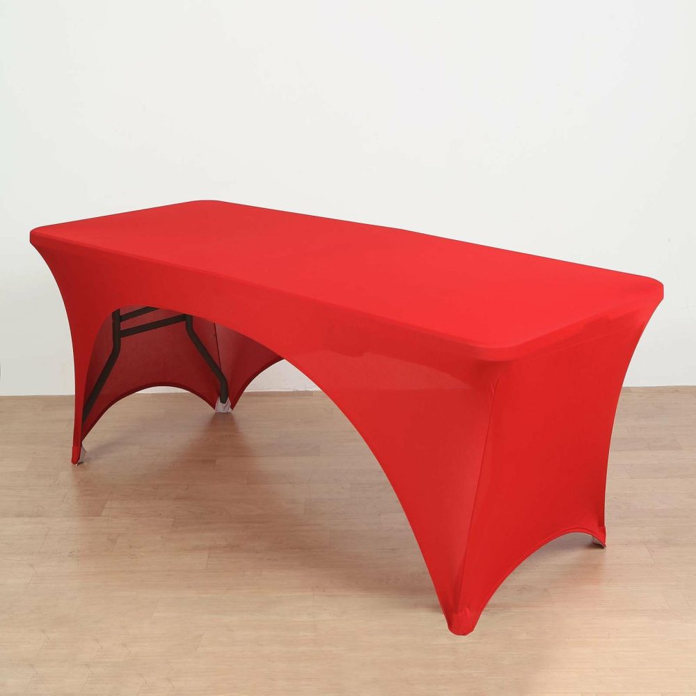 Red Open Back Stretch Spandex Table Cover 8ft Rectangular Fitted Tablecloth For 96″x30″ Tables  |   Spandex & Fitted Spandex & Fitted Red