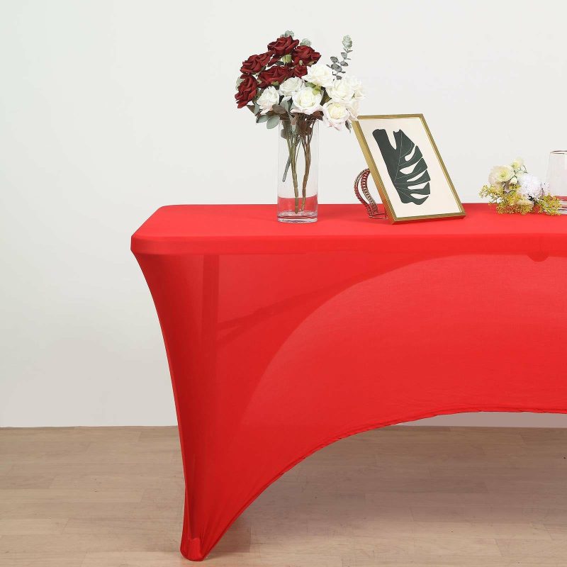 Red Open Back Stretch Spandex Table Cover 8ft Rectangular Fitted Tablecloth For 96″x30″ Tables  |   Spandex & Fitted Spandex & Fitted Red