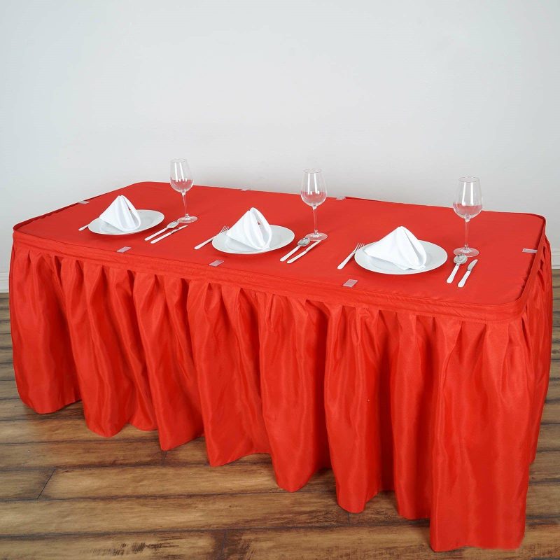 Red Pleated Polyester Table Skirt, Banquet Folding Table Skirt 14ft  |   Polyester Polyester Polyester