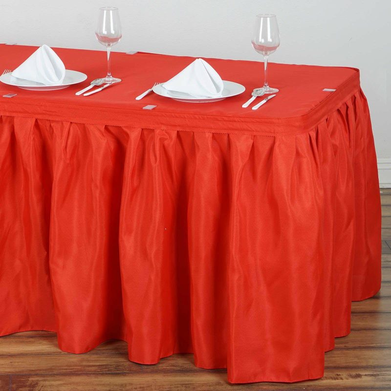 Red Pleated Polyester Table Skirt, Banquet Folding Table Skirt 17ft  |   Polyester Table Skirts Polyester