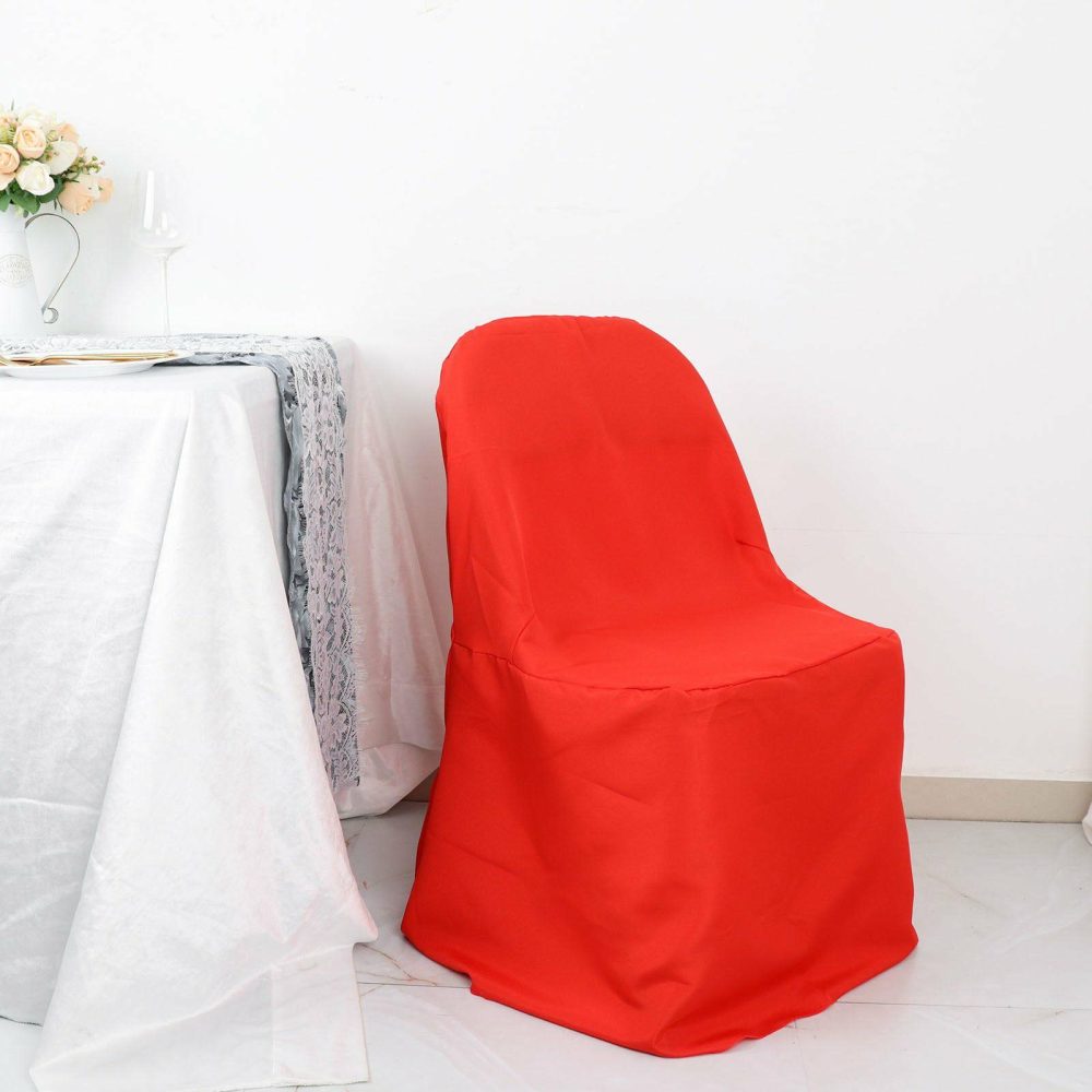 Red Polyester Folding Chair Cover, Reusable Stain Resistant Slip On Chair Cover  |   Polyester & Satin Folding Chair Covers Polyester & Satin