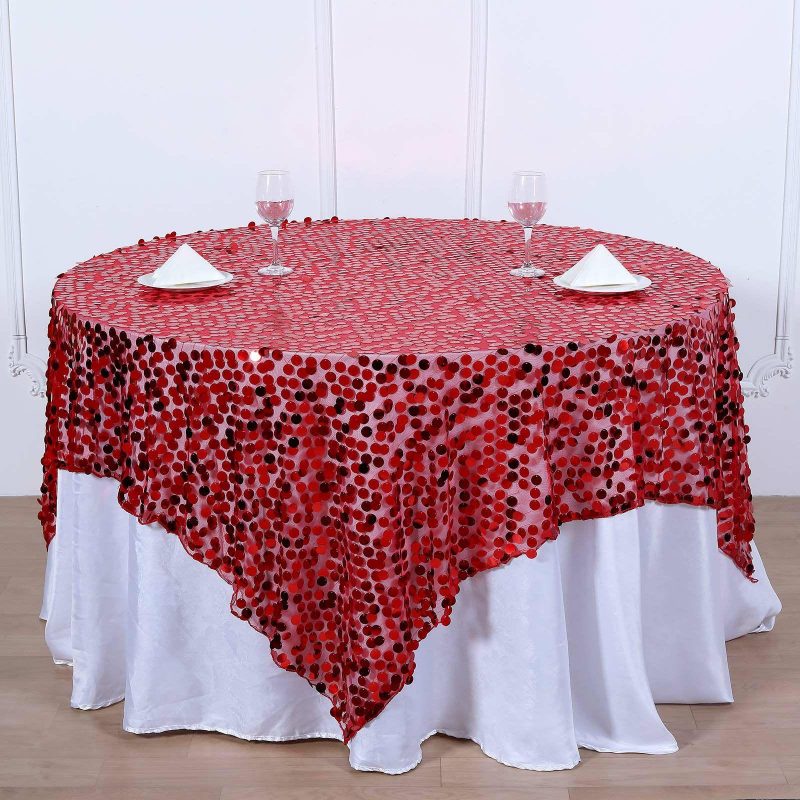 Red Premium Big Payette Sequin Square Table Overlay 72″x72″  |   Sequin Sequin Red