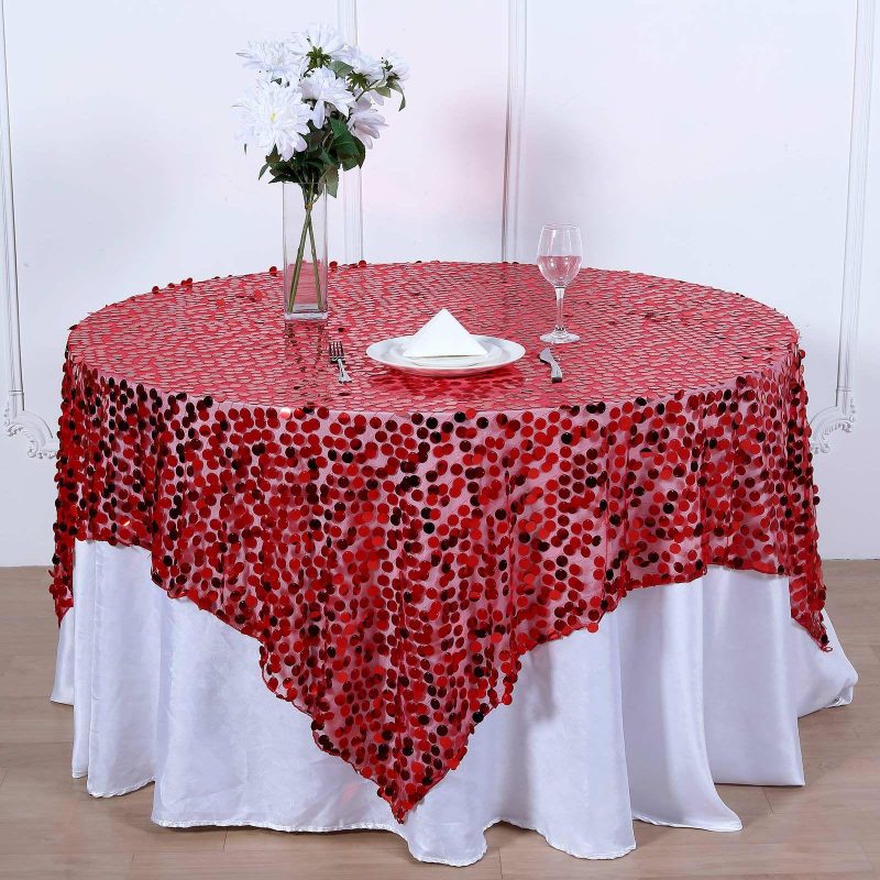 Red Premium Big Payette Sequin Square Table Overlay 72″x72″  |   Sequin Sequin Red