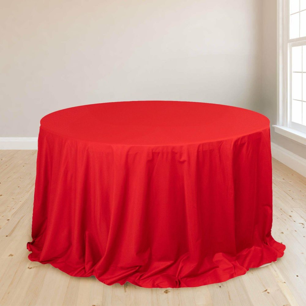 Red Premium Scuba Round Tablecloth, Wrinkle Free Polyester Seamless Tablecloth 132″ for 6 Foot Table With Floor-Length Drop  |   Polyester Polyester Polyester