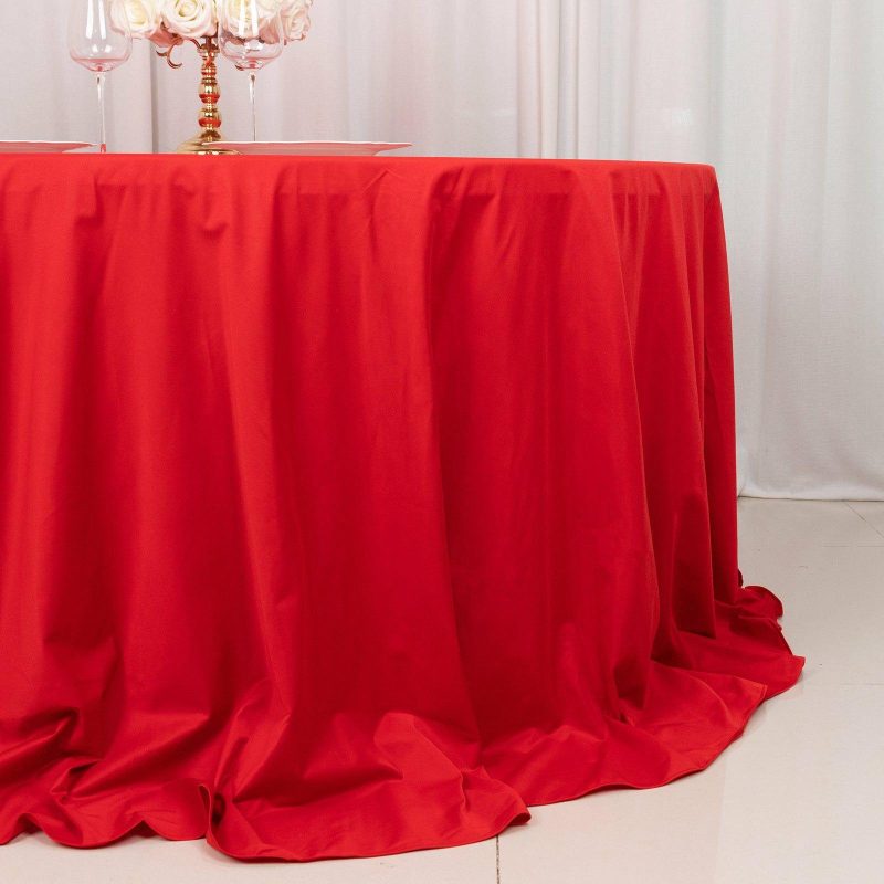 Red Premium Scuba Round Tablecloth, Wrinkle Free Polyester Seamless Tablecloth 132″ for 6 Foot Table With Floor-Length Drop  |   Polyester Polyester Polyester