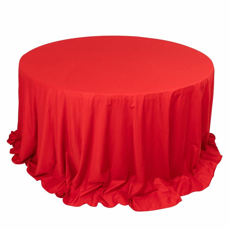 Red Premium Scuba Round Tablecloth, Wrinkle Free Polyester Seamless Tablecloth 132″ for 6 Foot Table With Floor-Length Drop  |   Polyester Polyester Polyester