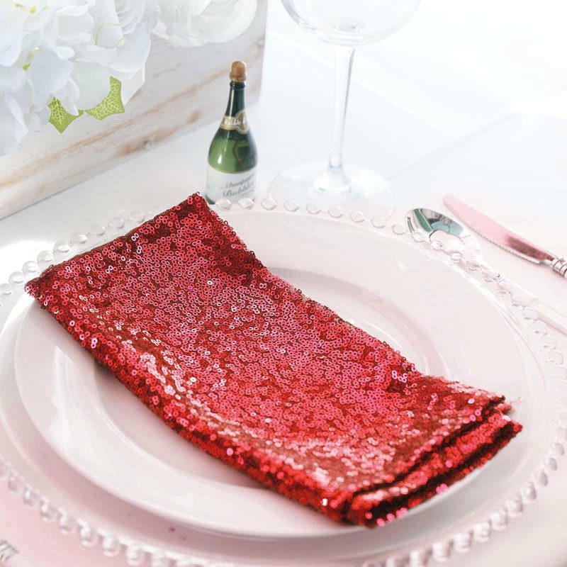 Red Premium Sequin Cloth Dinner Napkin Reusable Linen 20″x20″  |   Shimmer & Sequin Cloth Napkins Red