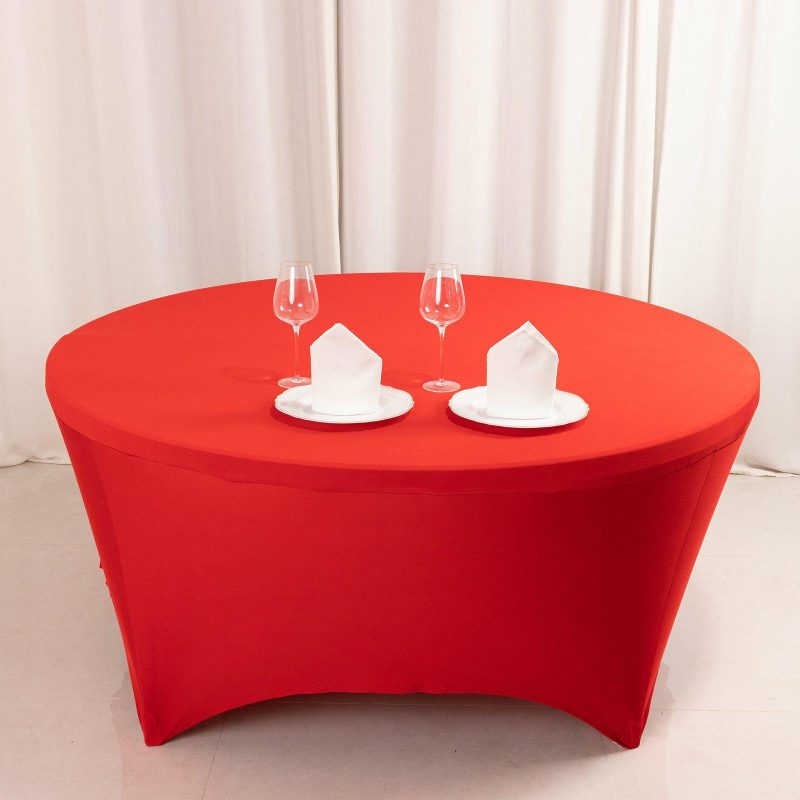 Red Round Stretch Spandex Tablecloth 6ft Fitted Table Cover for 72 inch Tables  |   Spandex & Fitted Spandex & Fitted Red