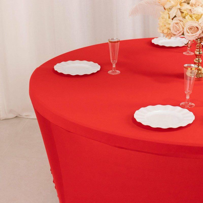 Red Round Stretch Spandex Tablecloth 6ft Fitted Table Cover for 72 inch Tables  |   Spandex & Fitted Spandex & Fitted Red