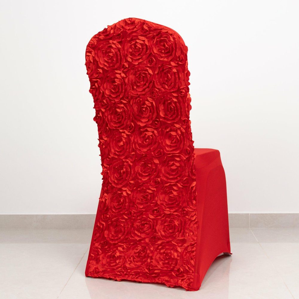 Red Satin Rosette Spandex Stretch Banquet Chair Cover, Fitted Slip On Chair Cover  |   Spandex Fitted Banquet Chair Covers Red