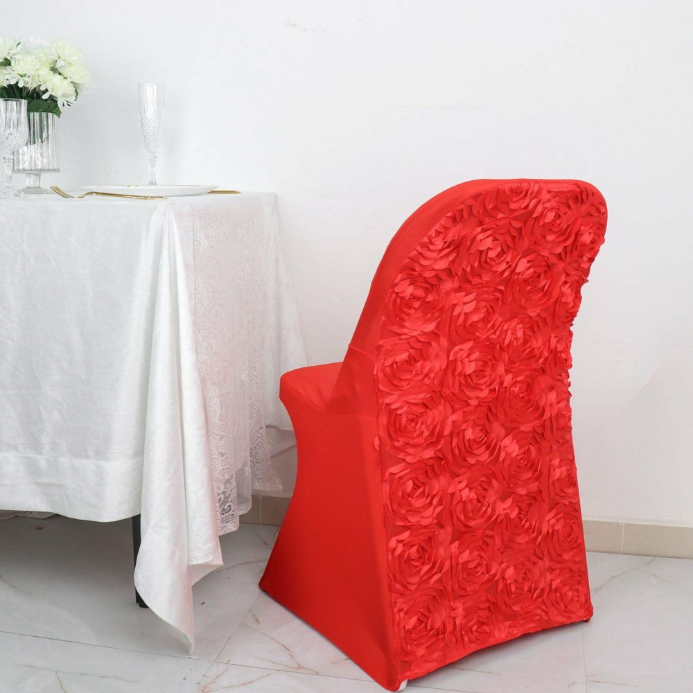 Red Satin Rosette Spandex Stretch Fitted Folding Chair Cover  |   Spandex Fitted Folding Chair Covers Red