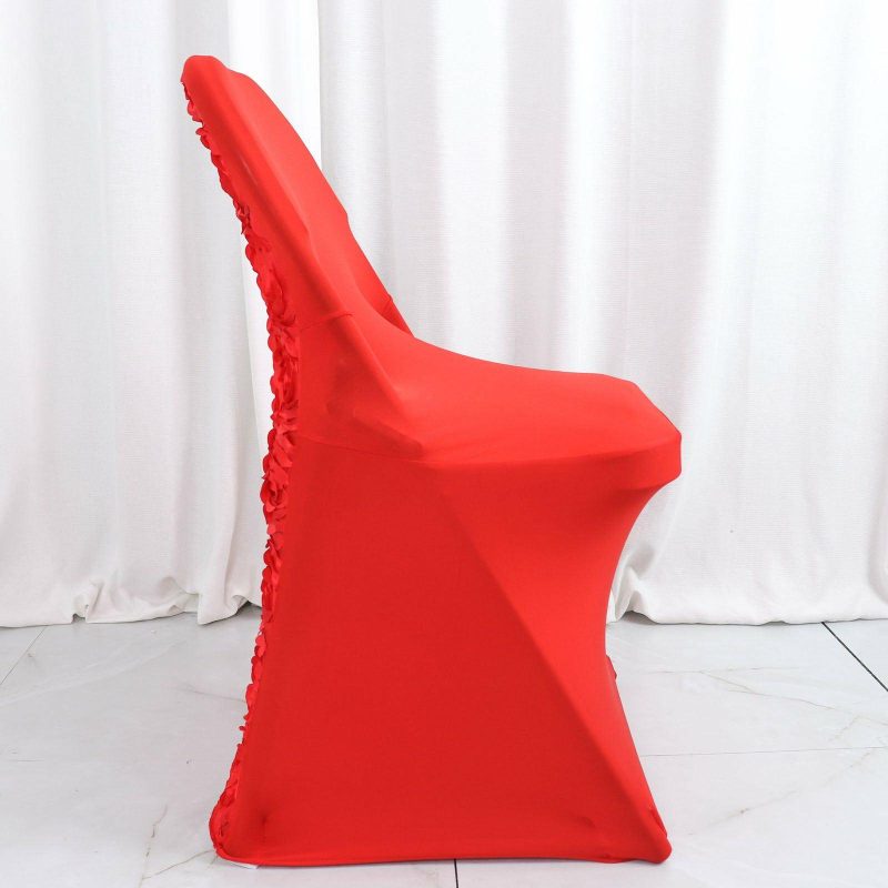 Red Satin Rosette Spandex Stretch Fitted Folding Chair Cover  |   Spandex Fitted Folding Chair Covers Red