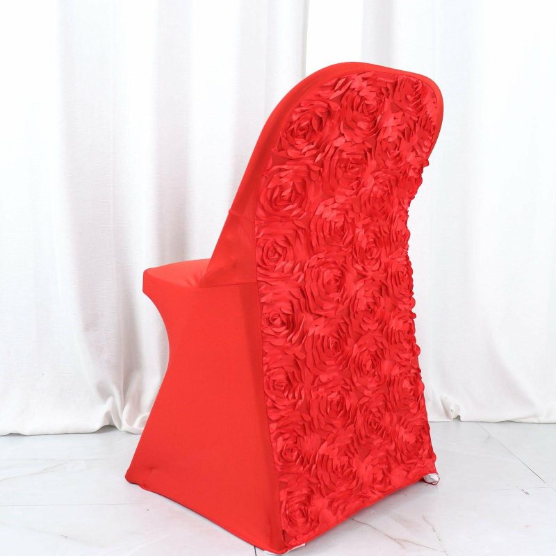 Red Satin Rosette Spandex Stretch Fitted Folding Chair Cover  |   Spandex Fitted Folding Chair Covers Red