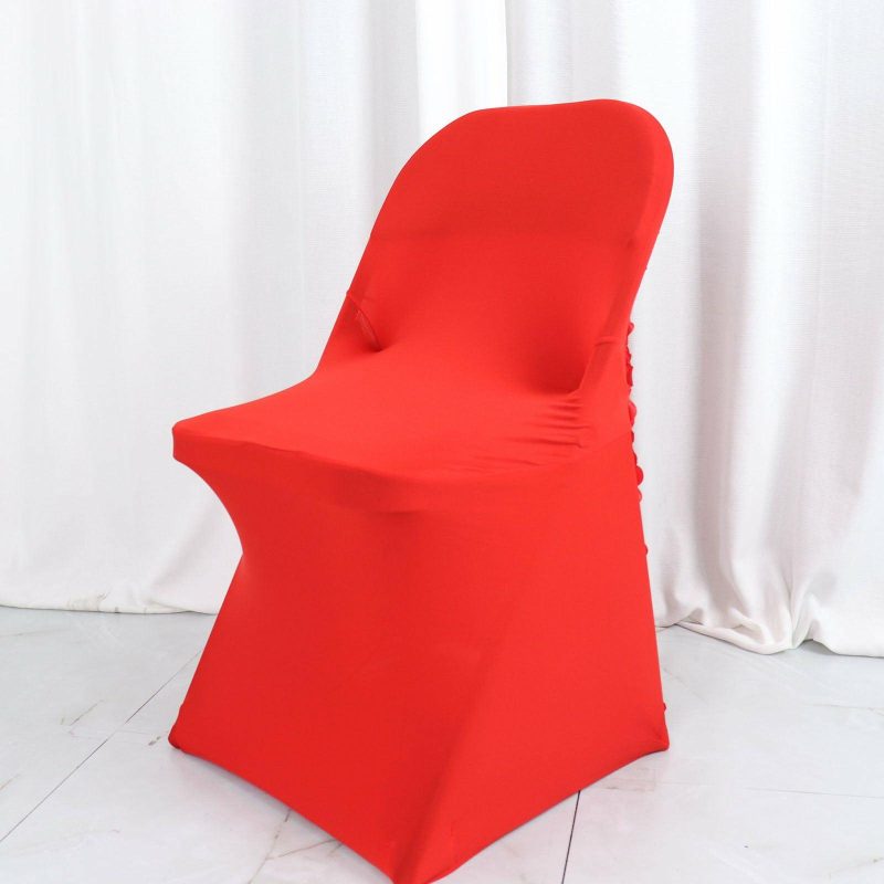 Red Satin Rosette Spandex Stretch Fitted Folding Chair Cover  |   Spandex Fitted Folding Chair Covers Red