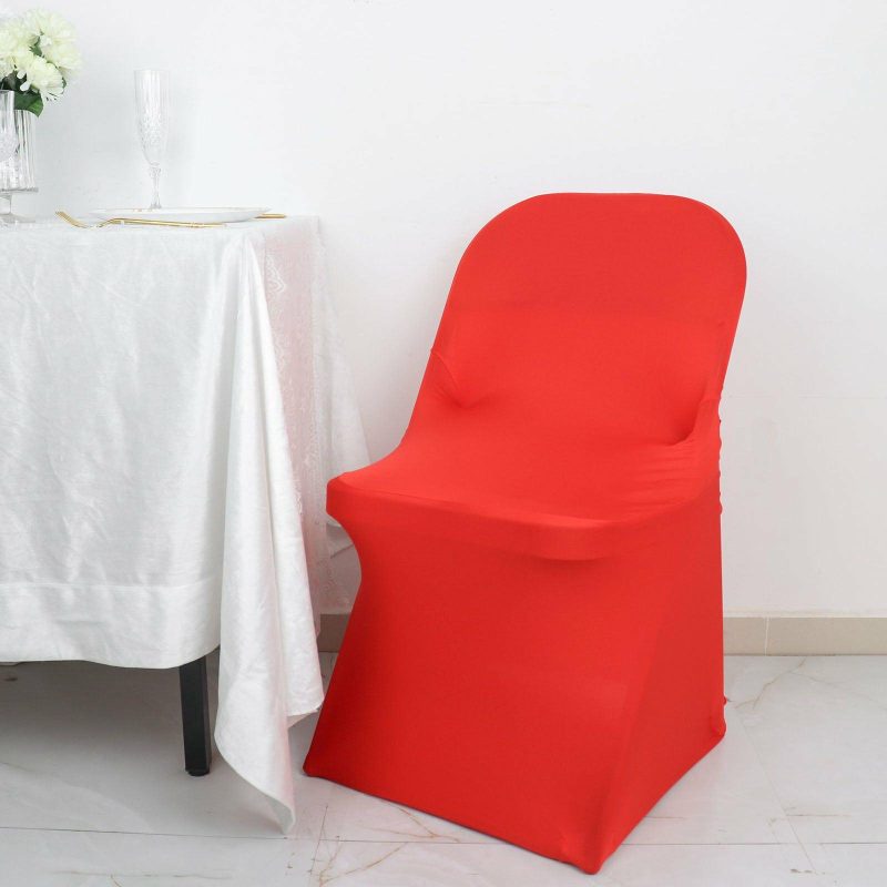 Red Satin Rosette Spandex Stretch Fitted Folding Chair Cover  |   Spandex Fitted Folding Chair Covers Red