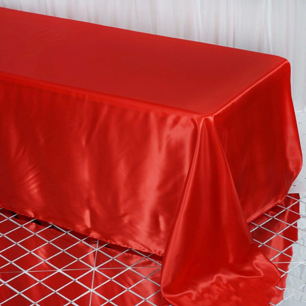 Red Satin Seamless Rectangular Tablecloth 90″x132″ for 6 Foot Table With Floor-Length Drop  |   Satin Satin Red