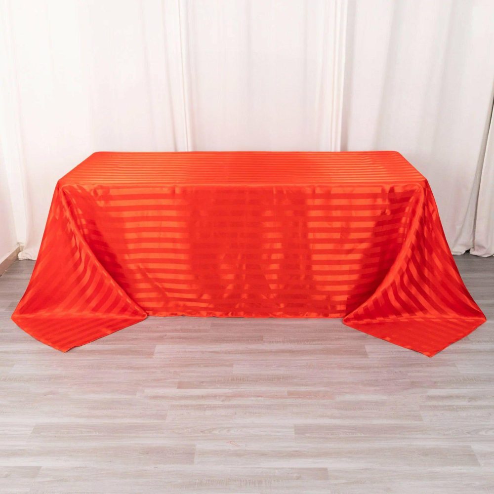 Red Satin Stripe Seamless Rectangular Tablecloth 90″x132″ for 6 Foot Table With Floor-Length Drop  |   Satin Satin Red