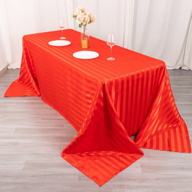 Red Satin Stripe Seamless Rectangular Tablecloth 90″x132″ for 6 Foot Table With Floor-Length Drop  |   Satin Satin Red