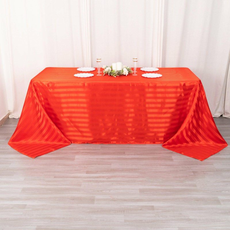 Red Satin Stripe Seamless Rectangular Tablecloth 90″x132″ for 6 Foot Table With Floor-Length Drop  |   Satin Satin Red