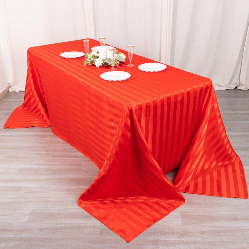 Red Satin Stripe Seamless Rectangular Tablecloth 90″x132″ for 6 Foot Table With Floor-Length Drop  |   Satin Satin Red