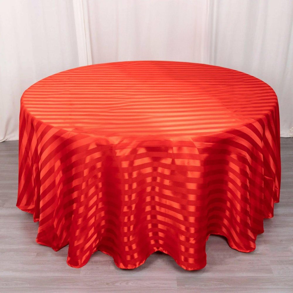 Red Satin Stripe Seamless Round Tablecloth 120″ for 5 Foot Table With Floor-Length Drop  |   Satin Satin Red