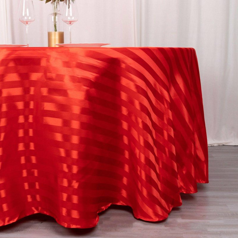 Red Satin Stripe Seamless Round Tablecloth 120″ for 5 Foot Table With Floor-Length Drop  |   Satin Satin Red