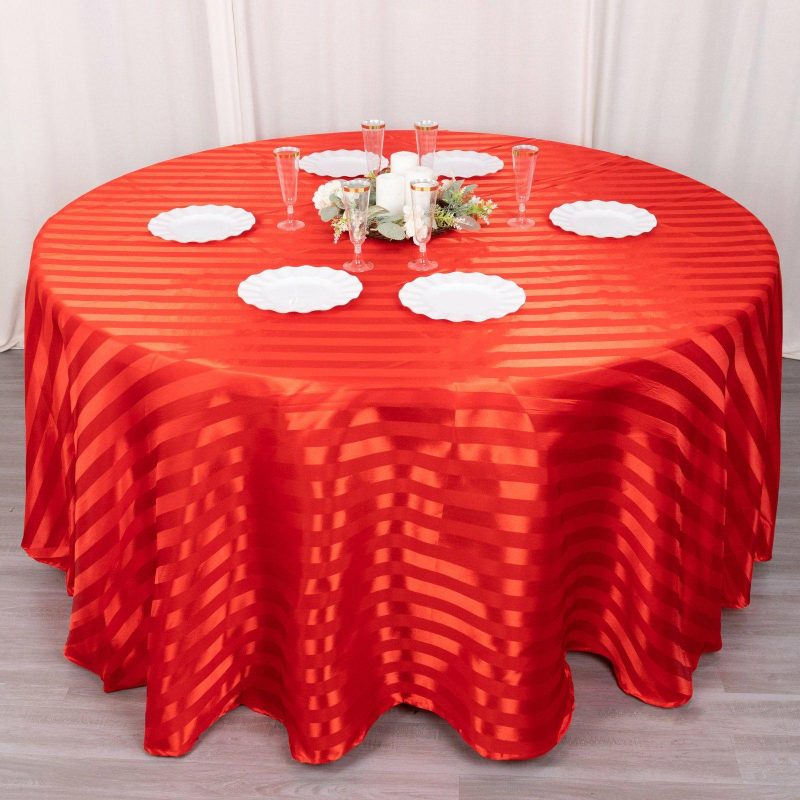 Red Satin Stripe Seamless Round Tablecloth 120″ for 5 Foot Table With Floor-Length Drop  |   Satin Satin Red