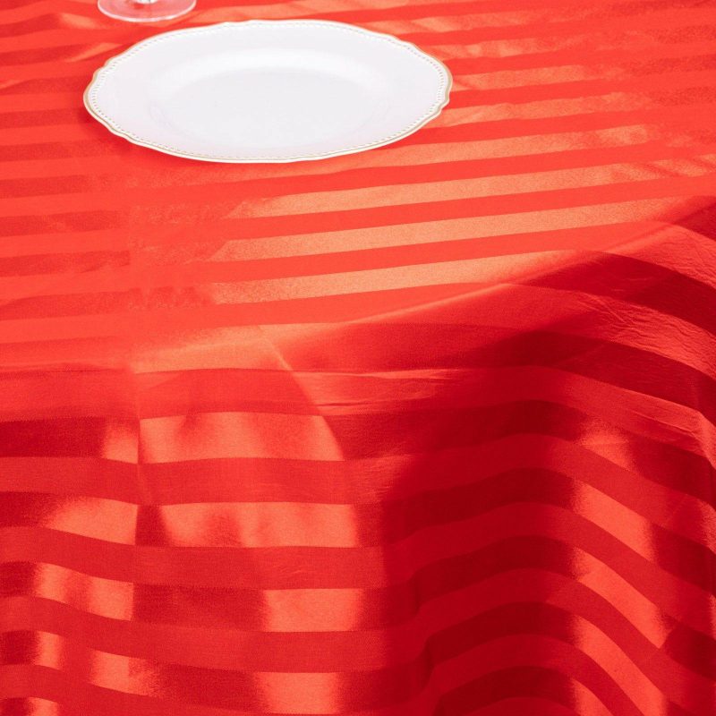 Red Satin Stripe Seamless Round Tablecloth 120″ for 5 Foot Table With Floor-Length Drop  |   Satin Satin Red