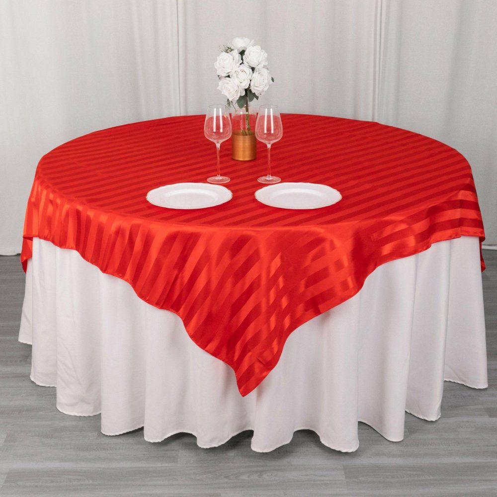 Red Satin Stripe Square Table Overlay, Smooth Elegant Table Topper 72″x72″  |   Satin & Taffeta Satin & Taffeta Red