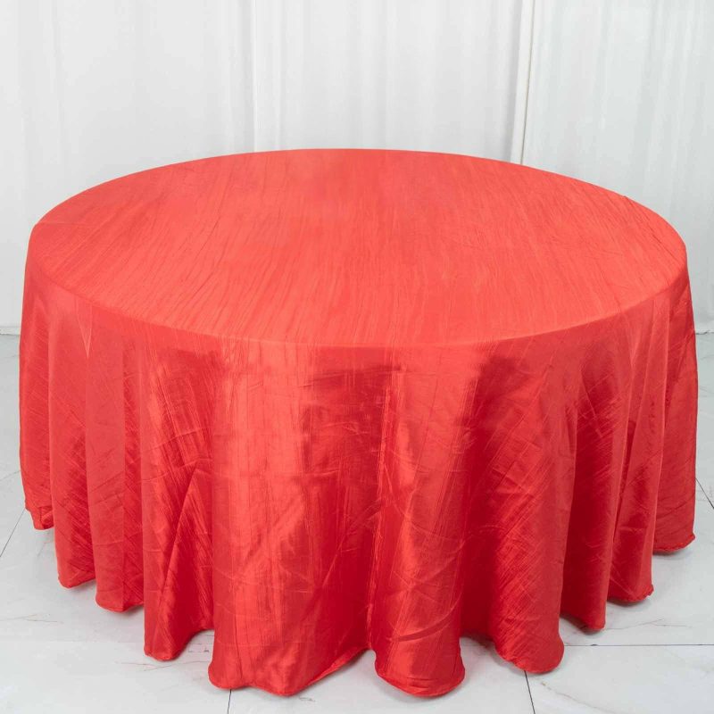 Red Seamless Accordion Crinkle Taffeta Round Tablecloth 120″ for 5 Foot Table With Floor-Length Drop  |   Pintuck, Crinkle & Leaf Pintuck, Crinkle & Leaf Pintuck, Crinkle & Leaf