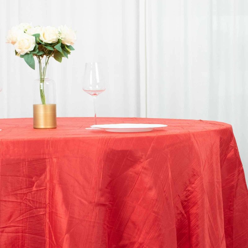 Red Seamless Accordion Crinkle Taffeta Round Tablecloth 120″ for 5 Foot Table With Floor-Length Drop  |   Pintuck, Crinkle & Leaf Pintuck, Crinkle & Leaf Pintuck, Crinkle & Leaf