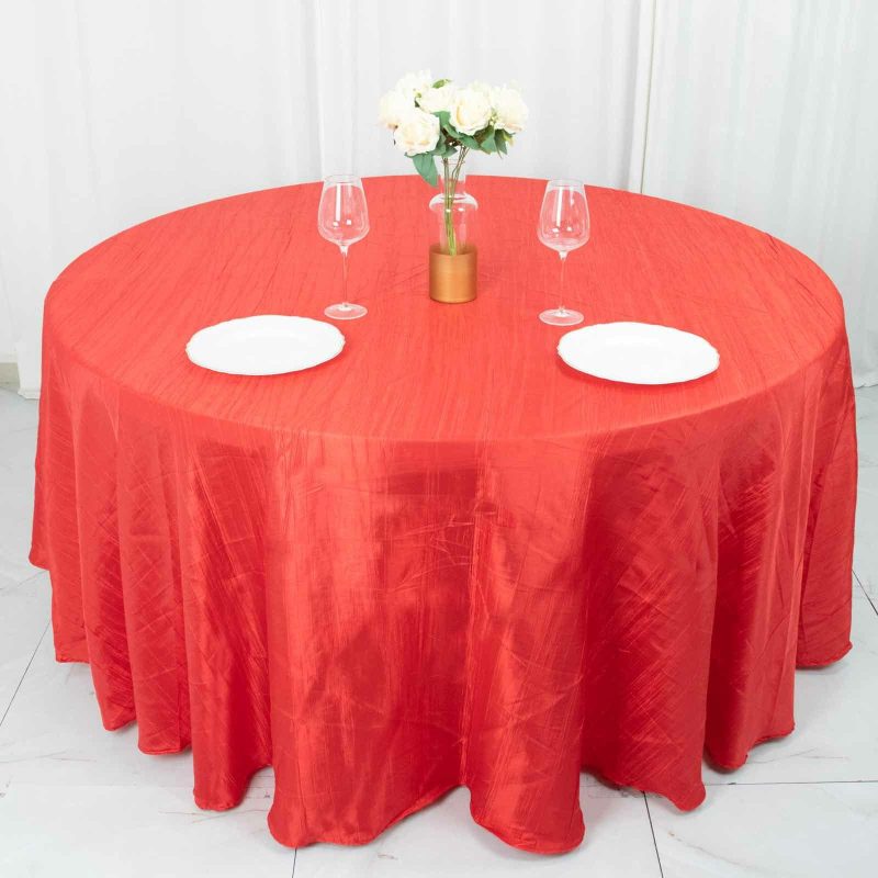 Red Seamless Accordion Crinkle Taffeta Round Tablecloth 120″ for 5 Foot Table With Floor-Length Drop  |   Pintuck, Crinkle & Leaf Pintuck, Crinkle & Leaf Pintuck, Crinkle & Leaf