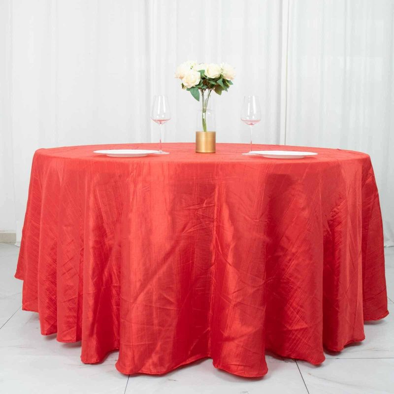 Red Seamless Accordion Crinkle Taffeta Round Tablecloth 120″ for 5 Foot Table With Floor-Length Drop  |   Pintuck, Crinkle & Leaf Pintuck, Crinkle & Leaf Pintuck, Crinkle & Leaf