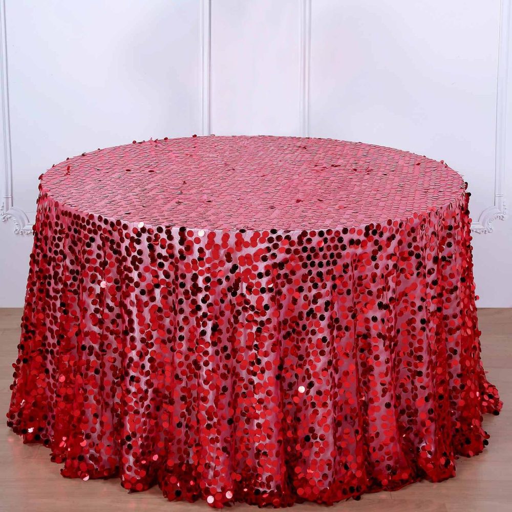 Red Seamless Big Payette Sequin Round Tablecloth Premium Collection 120″ for 5 Foot Table With Floor-Length Drop  |   Sequin Sequin Red