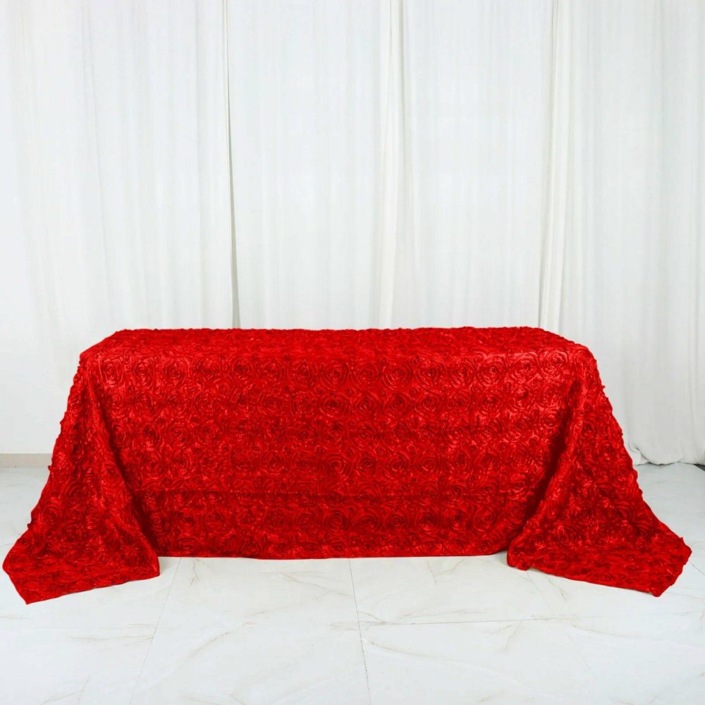 Red Seamless Grandiose 3D Rosette Satin Rectangle Tablecloth 90″x132″ for 6 Foot Table With Floor-Length Drop  |   Rosette Rosette Red