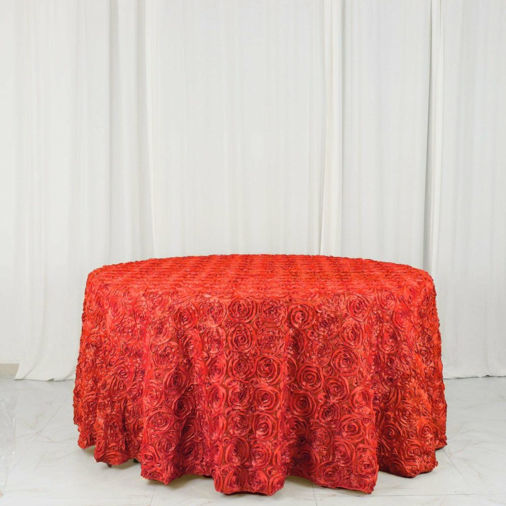 Red Seamless Grandiose 3D Rosette Satin Round Tablecloth 120″ for 5 Foot Table With Floor-Length Drop  |   Rosette Rosette Red