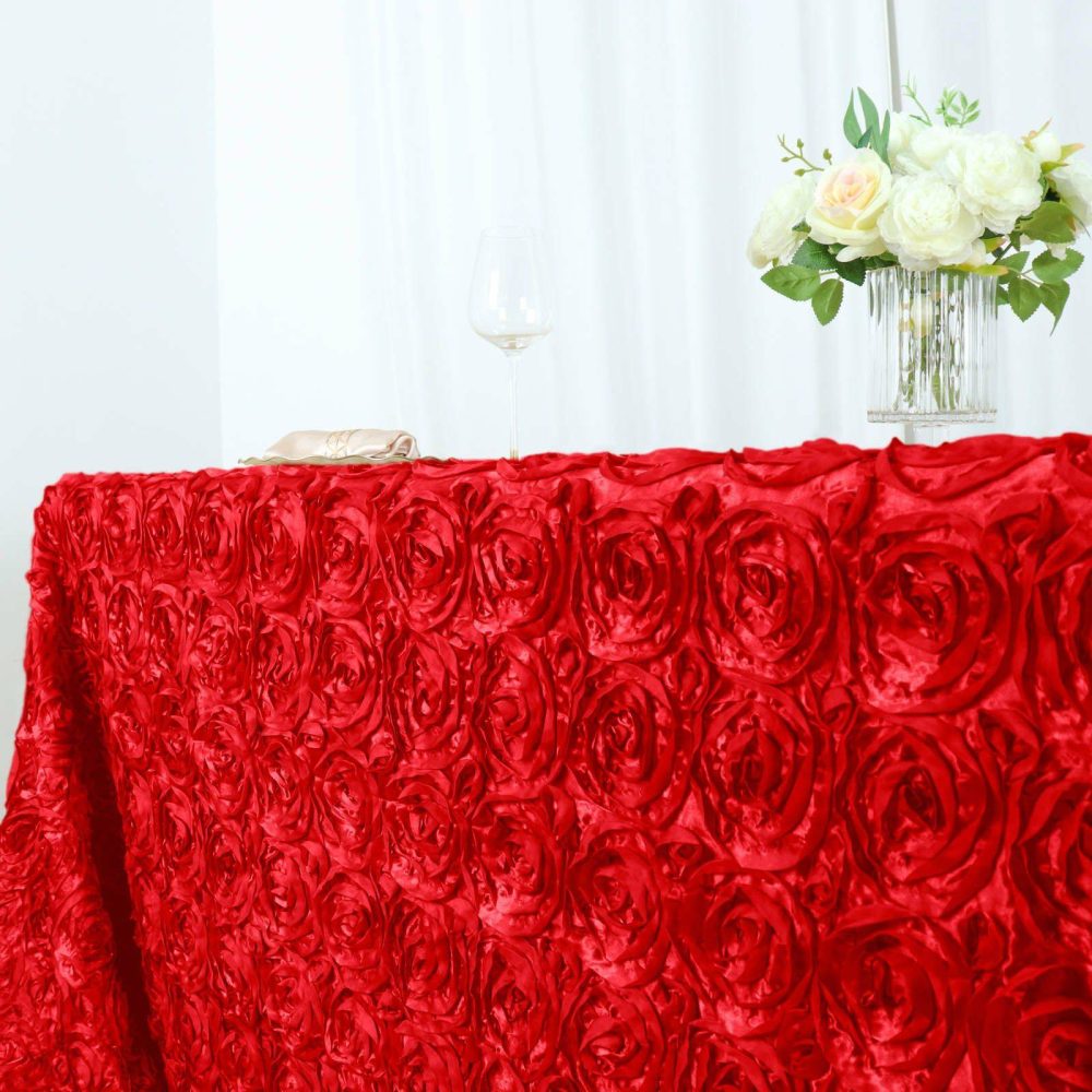 Red Seamless Grandiose Rosette 3D Satin Rectangle Tablecloth 90″x156″ for 8 Foot Table With Floor-Length Drop  |   Rosette Rosette Red