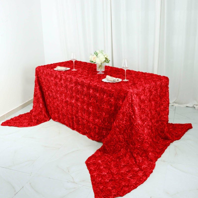 Red Seamless Grandiose Rosette 3D Satin Rectangle Tablecloth 90″x156″ for 8 Foot Table With Floor-Length Drop  |   Rosette Rosette Red