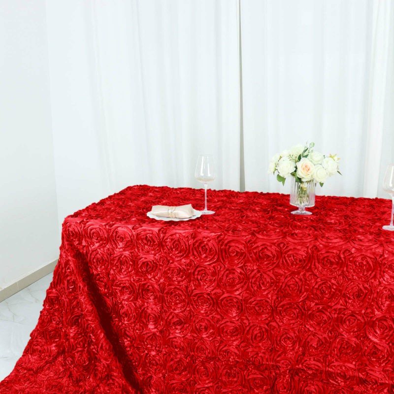 Red Seamless Grandiose Rosette 3D Satin Rectangle Tablecloth 90″x156″ for 8 Foot Table With Floor-Length Drop  |   Rosette Rosette Red