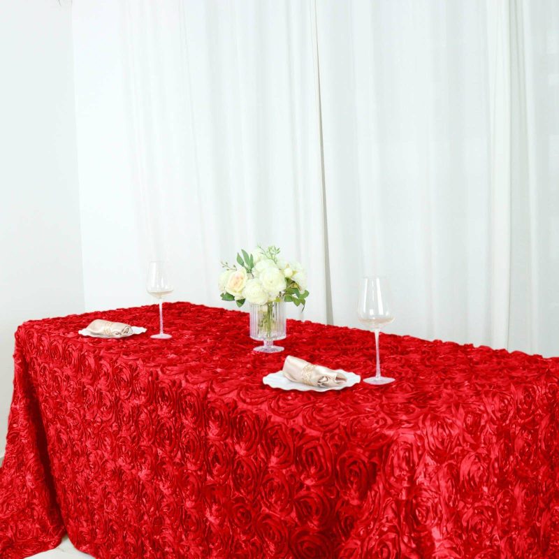 Red Seamless Grandiose Rosette 3D Satin Rectangle Tablecloth 90″x156″ for 8 Foot Table With Floor-Length Drop  |   Rosette Rosette Red