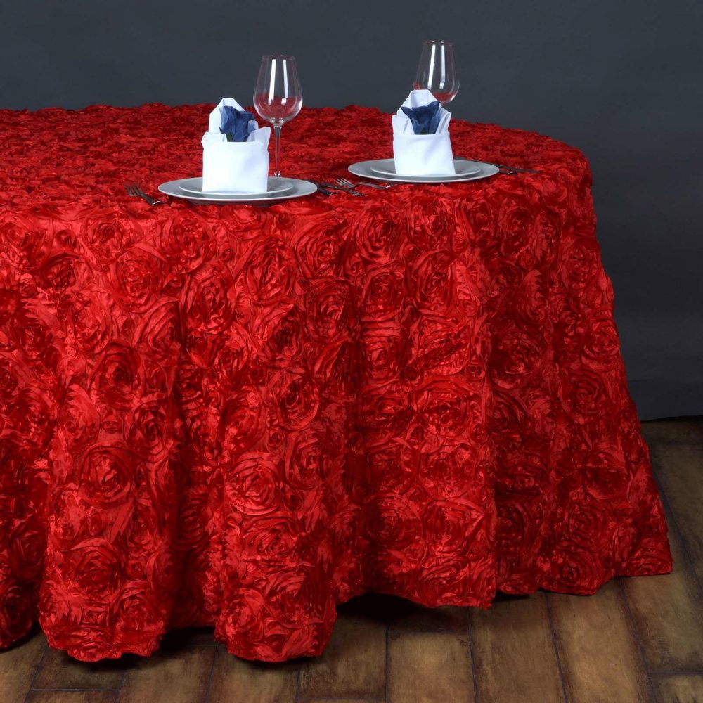 Red Seamless Grandiose Rosette 3D Satin Round Tablecloth 132″ for 6 Foot Table With Floor-Length Drop  |   Rosette Rosette Red