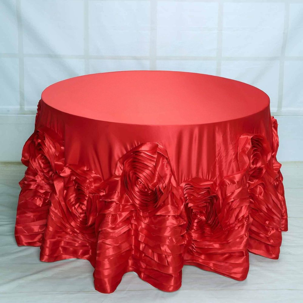 Red Seamless Large Rosette Round Lamour Satin Tablecloth 132″ for 6 Foot Table With Floor-Length Drop  |   Rosette Rosette Red